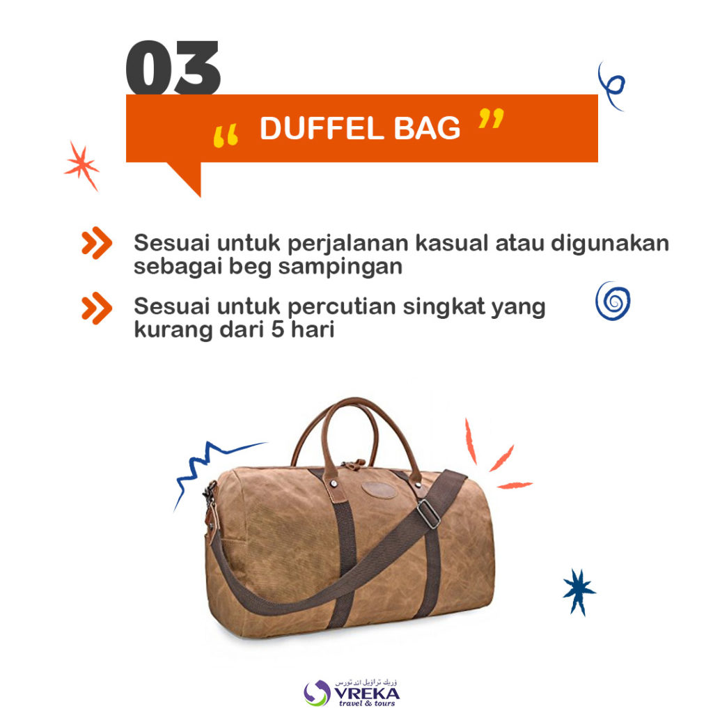 Duffel bag sesuai untuk perjalanan kasual atau digunakan sebagai beg sampingan.